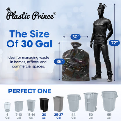 30" x 36", 30 Gallon, 10 Mic, Black High-Density Can Liners, 500/Case