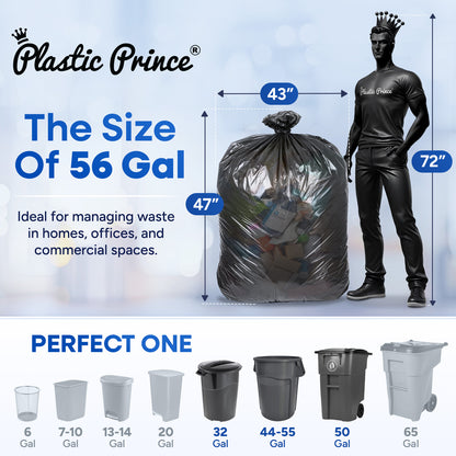 43" x 47", 56 Gallon, 22 Mic, Black High-Density Can Liners, 150/Case