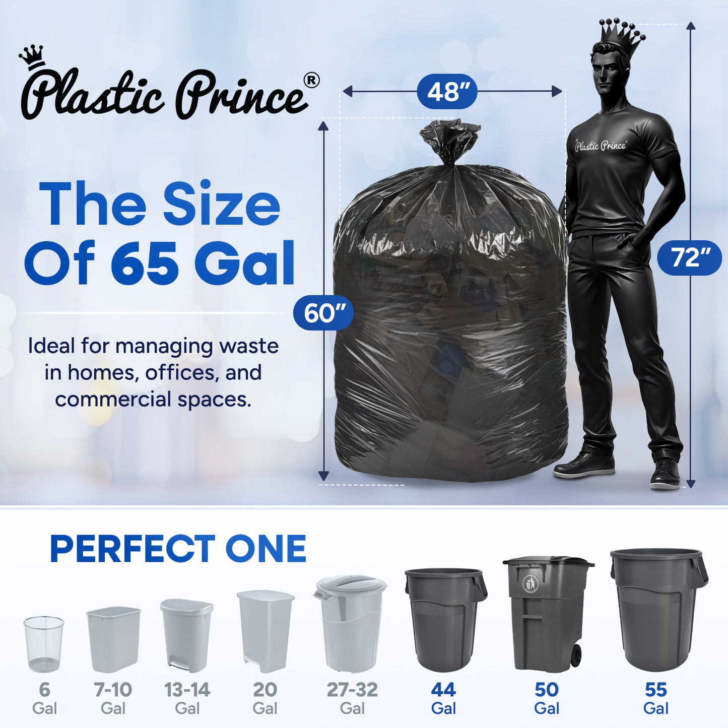 48" x 60", 65 Gallon, 22 Mic, Black High-Density Can Liners, 100/Case