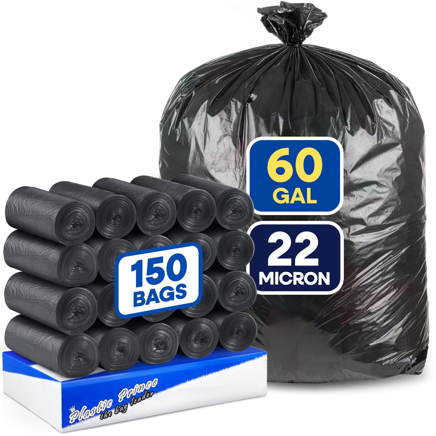 38" x 60", 60 Gallon, 22 Mic, Black High-Density Can Liners, 150/Case