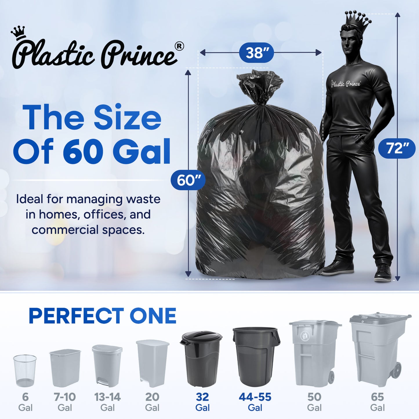 38" x 60", 60 Gallon, 22 Mic, Black High-Density Can Liners, 150/Case