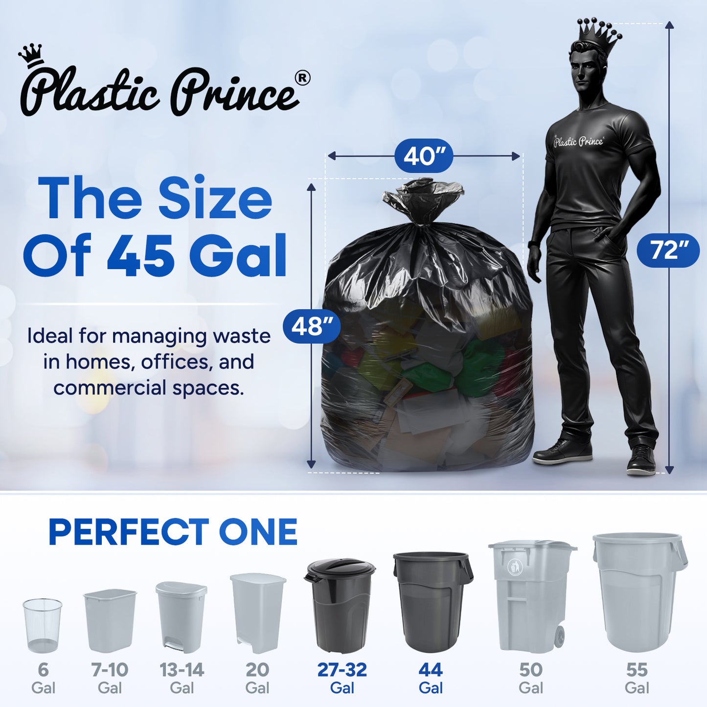 40" x 48", 45 Gallon, 22 Mic, Black High-Density Can Liners, 150/Case