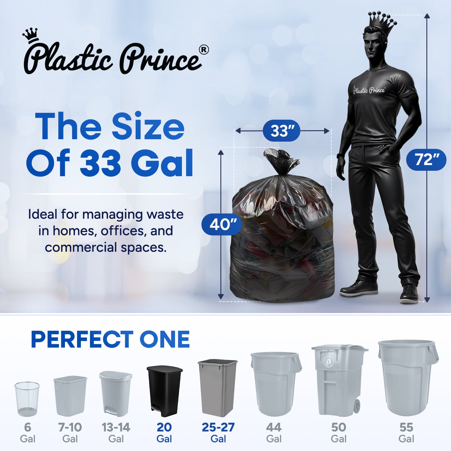 33" x 40", 33 Gallon, 22 Mic, Black High-Density Can Liners, 250/Case