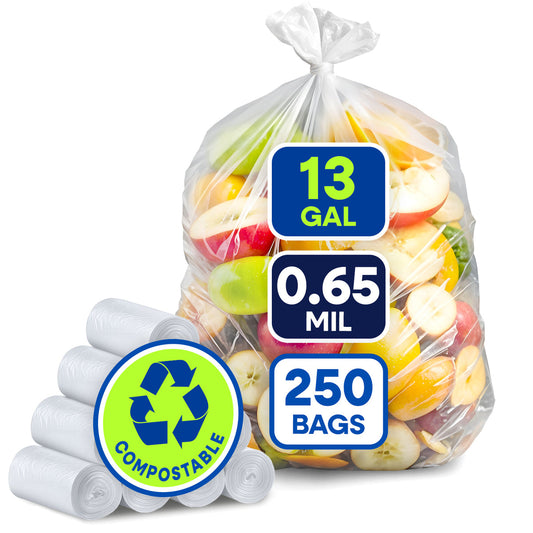 22" x 29" 13 Gallon 0.65 Mic Clear Compostable Can Liner, 10 Rolls of 25/Roll, 250/Case