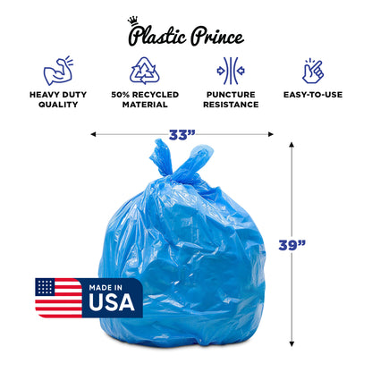 23" x 10" x 39" 33 Gal 1.5 Mil Blue Recycling Bags, 100/Case